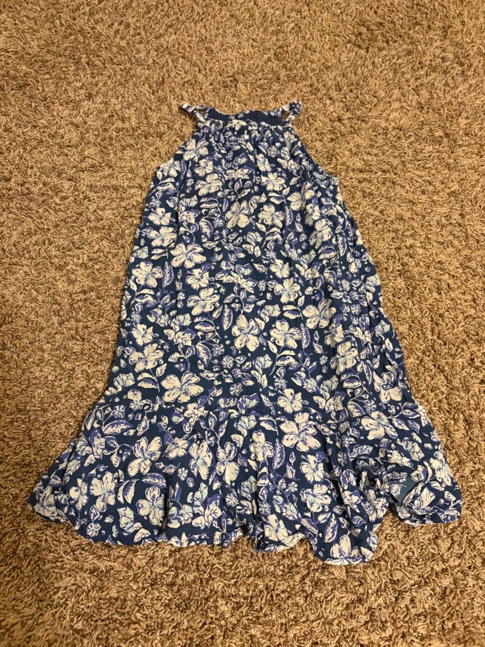Vineyard Vines Hibiscus Floral Print Dress Medium 10-12 Blue White Lined Viscose